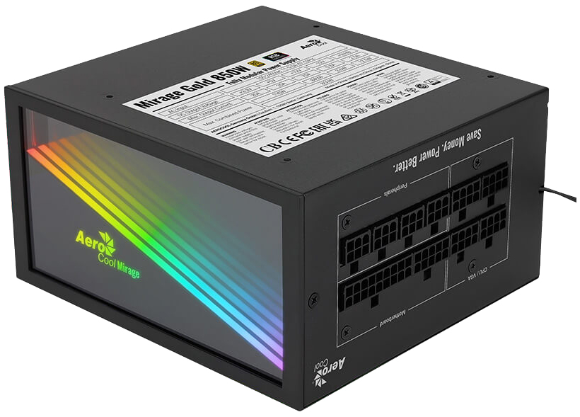 Блок питания 850Вт, AeroCool Mirage Gold 850W Fully Modular, 80 Plus Gold, APFC, ATX