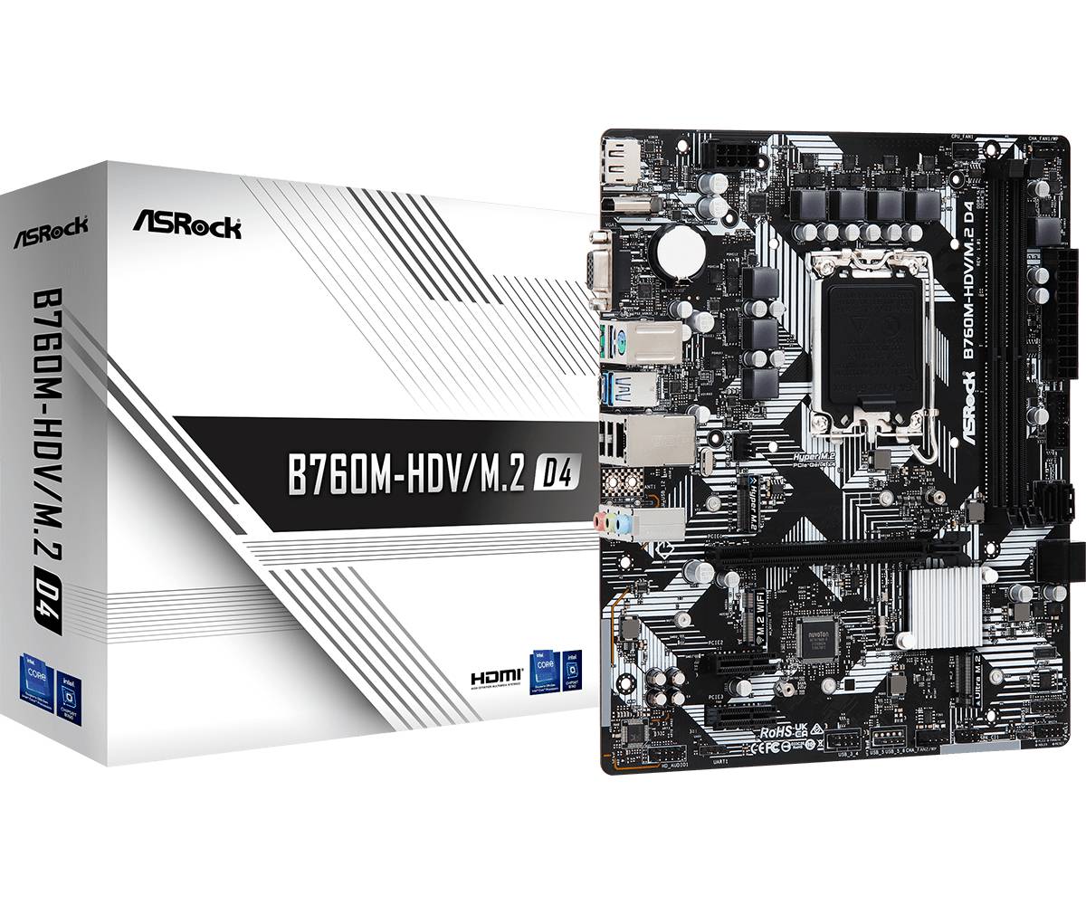 Материнская плата ASRock B760M-HDV/M.2 D4, LGA1700, (VGA, HDMI, DP), 2xDDR IV, mATX