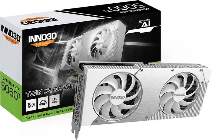 Видеокарта GeForce RTX 5060 Ti, 16Gb GDDR7 128bit, INNO3D RTX 5060 Ti 16Gb Twin X2 OC WHITE N506T2-16D7X-191073W, RTL