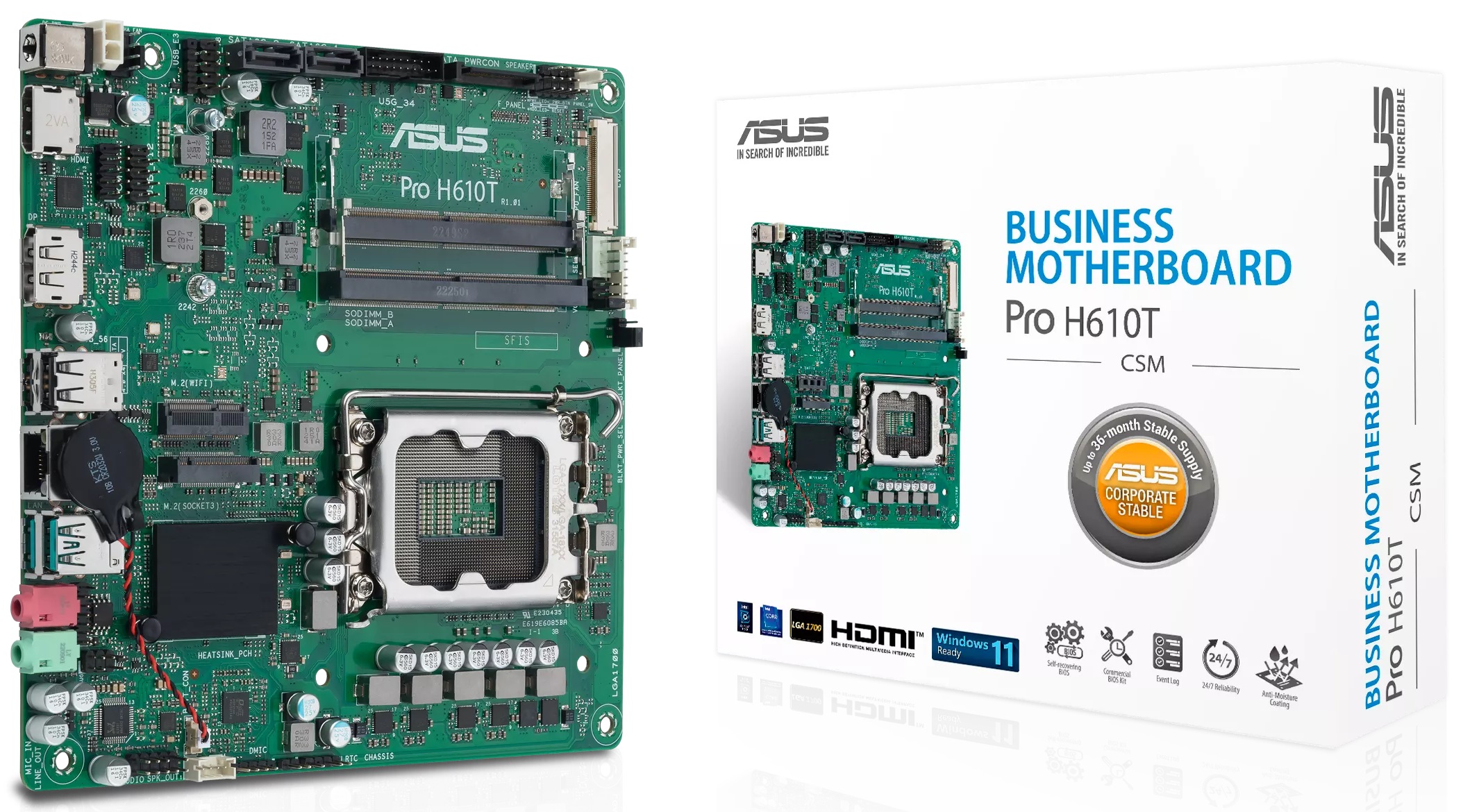 Материнская плата Asus Pro H610T-CSM, LGA1700, (HDMI, DP), 2xDDR V SODIMM, miniITX