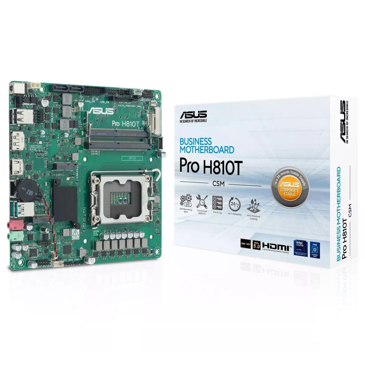 Материнская плата ASUS PRO H810T-CSM, LGA1851, (HDMI, DP), 2xDDR V SODIMM, mini-ITX