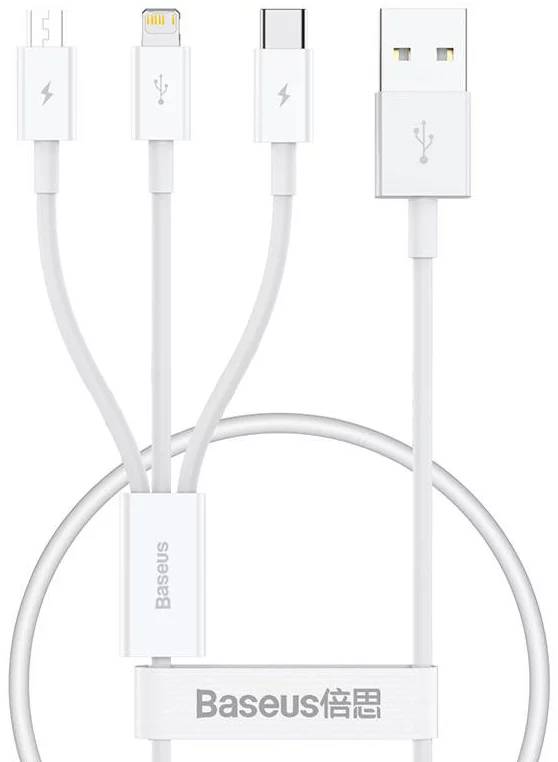 Кабель USB2.0 (M) - microUSB2.0 + Lightning + USB2.0 Type-C (M), 0.5м, Baseus P10320105221-01, White