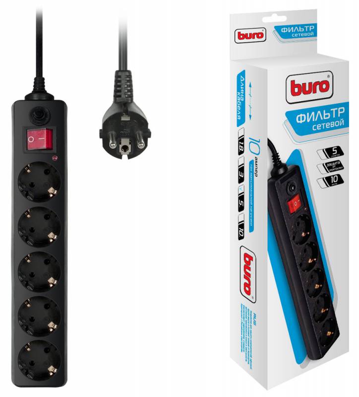 Сетевой фильтр 5м 5 розеток Buro 500SH-5-B, черный