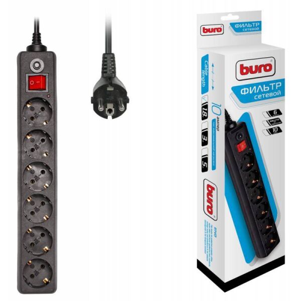 Сетевой фильтр 3м 6 розеток Buro 600SH-3-B, черный