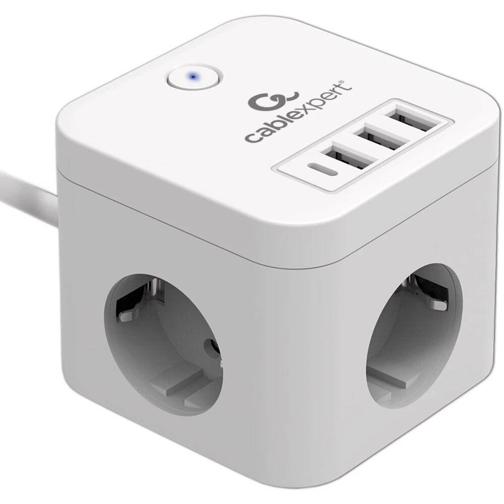 Сетевой фильтр 1.5м 3 розеток Cablexpert Cube CUBE-3-CU3-W-1.5, 3xUSB-A, 1xUSB-C, белый