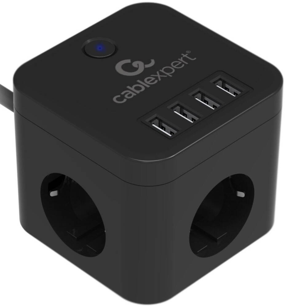 Сетевой фильтр 1.5м 3 розеток Cablexpert Cube CUBE-3-U4-B-1.5, 4xUSB, черный