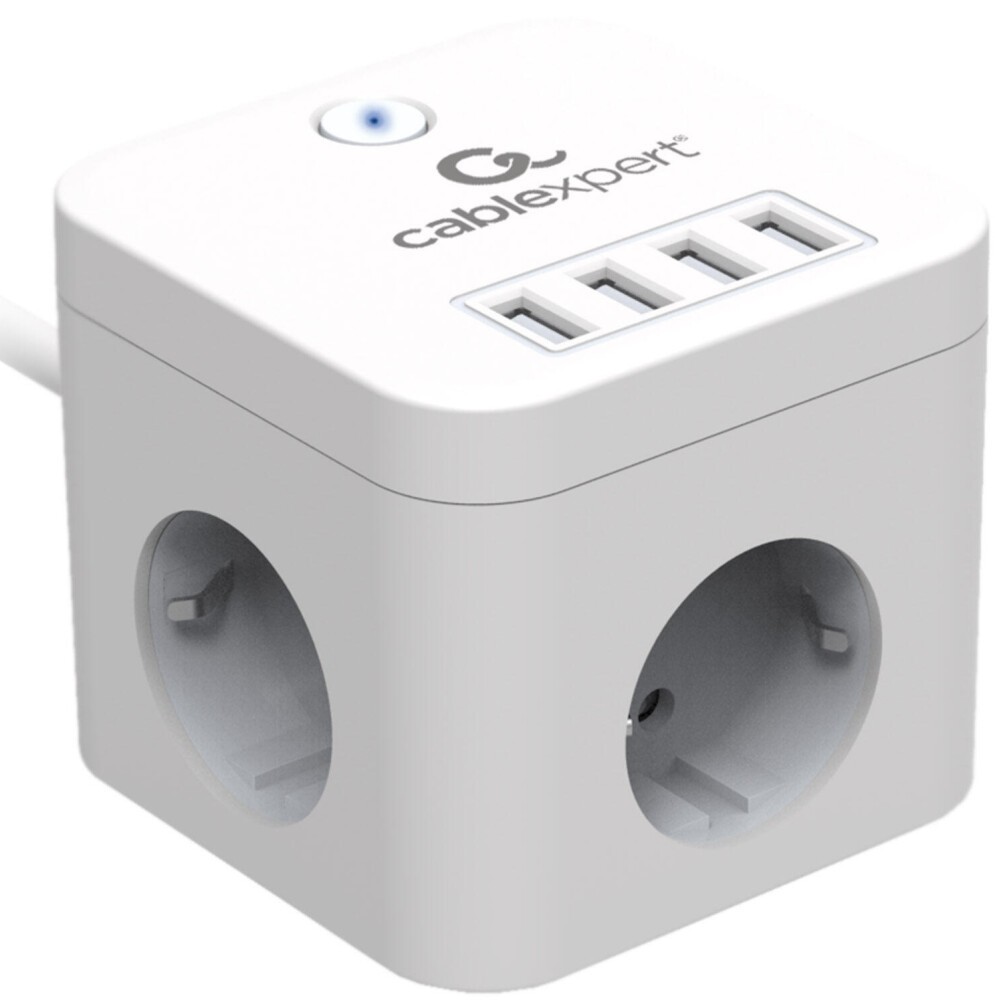 Сетевой фильтр 1.5м 3 розеток Cablexpert Cube CUBE-3-U4-W-1.5, 4xUSB, белый