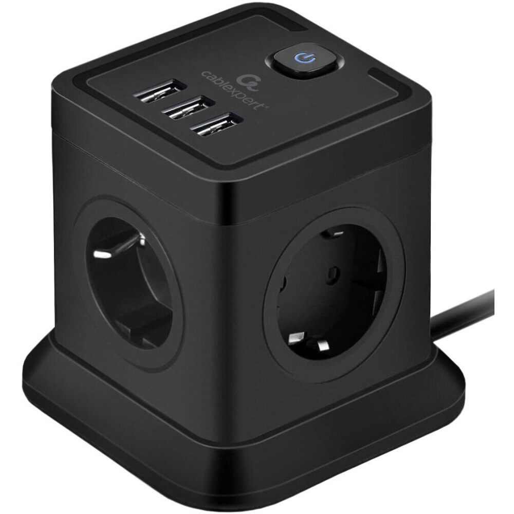 Сетевой фильтр 3м 4 розеток Cablexpert TWR-4-U3-B-3, черный