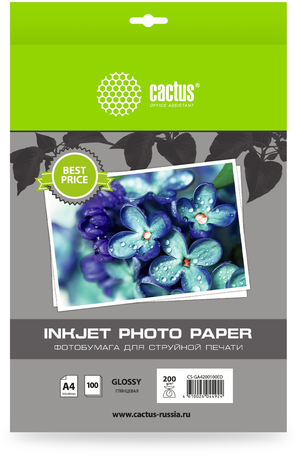 Фотобумага Cactus CS-GA4200100ED A4/200г/м2/100л/белый глянцевое для струйной печати