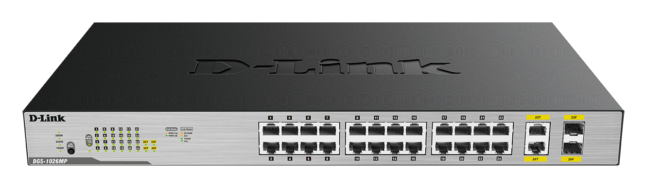 Коммутатор D-Link DGS-1026MP/B1A, 24xLAN 1Gbps, 2xCombo (1GBps/SFP), PoE