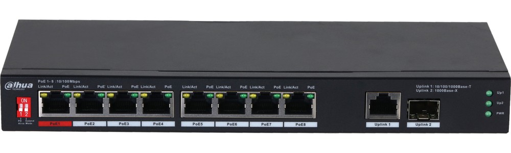 Коммутатор Dahua DH-PFS3110-8ET1GT1GF-96, 8xLAN 100Mbps, 2xLAN 1Gbps, 2xSFP, PoE