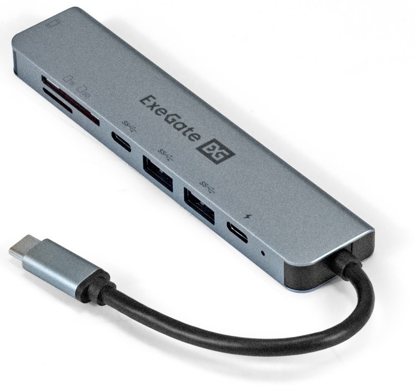 Док-станция ExeGate DUB-21C/PD/CR/H EX293983RUS, USB Type-C - 2xUSB3.0, USB3.0 Type-C, HDMI, CR, PD серый