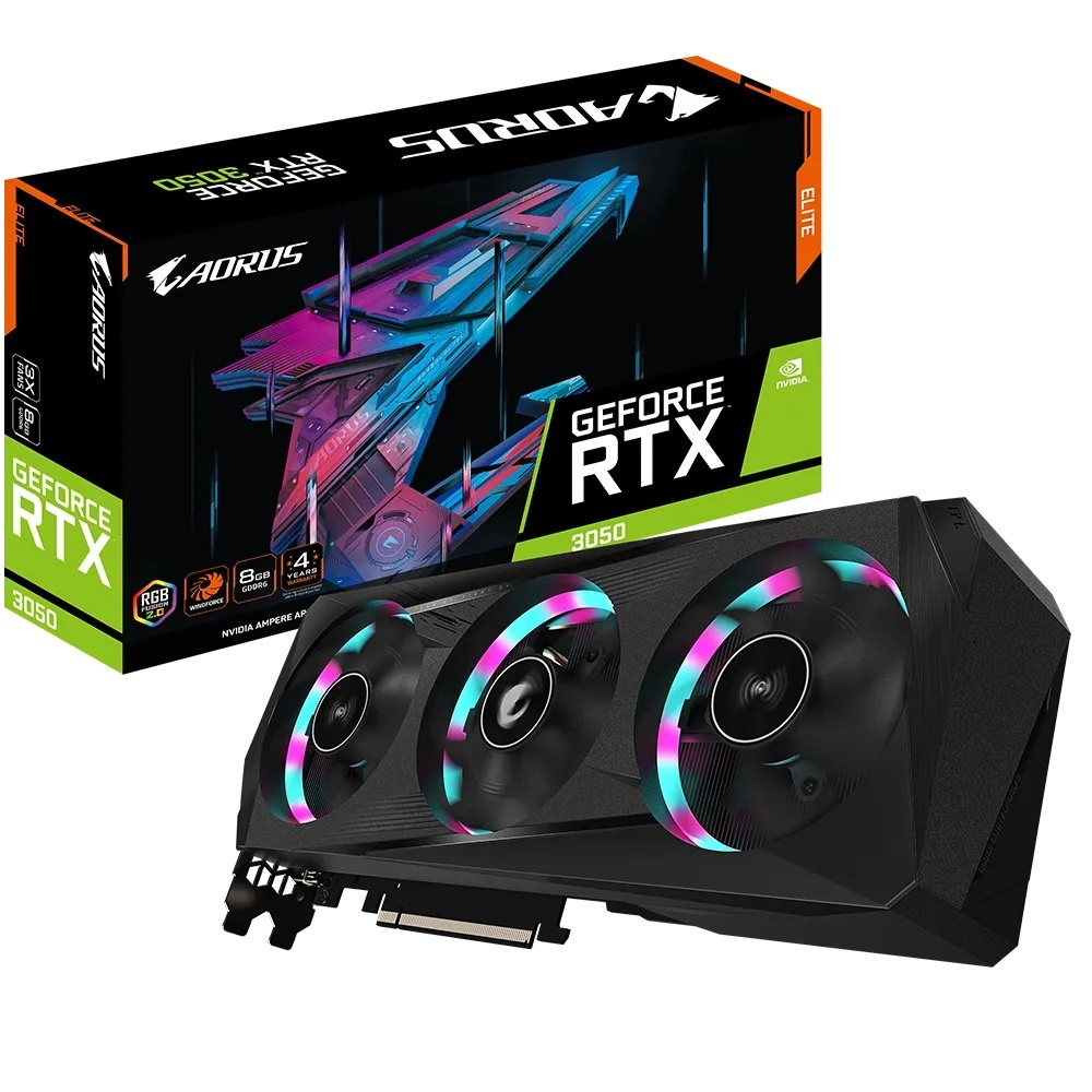 Видеокарта GeForce RTX 3050, 8Gb GDDR6 128bit, Gigabyte GV-N3050AORUS E-8GD, RTL
