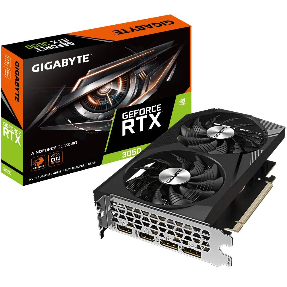 Видеокарта GeForce RTX 3050, 8Gb GDDR6 128bit, Gigabyte GV-N3050WF2OCV2-8GD, RTL