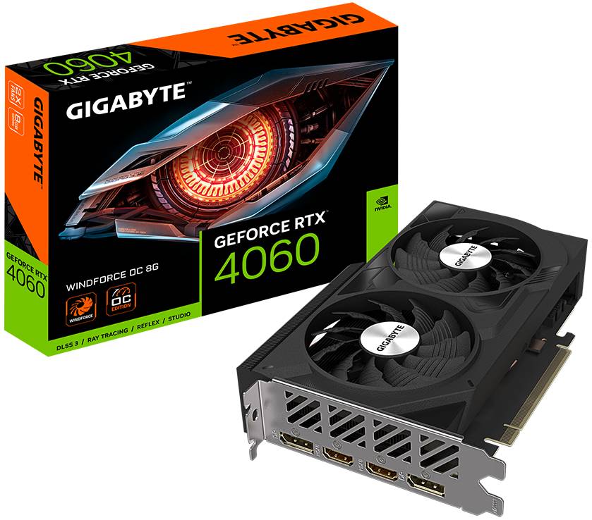 Видеокарта GeForce RTX 4060, 8Gb GDDR6 128bit, Gigabyte GV-N4060WF2OC-8GD, RTL
