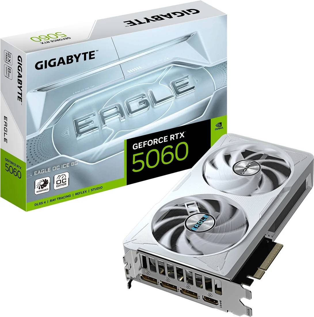 Видеокарта GeForce RTX 5060, 8Gb GDDR7 128bit, Gigabyte RTX 5060 Eagle OC Ice 8G GV-N5060EAGLEOC ICE-8GD, RTL