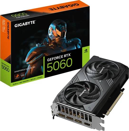 Видеокарта GeForce RTX 5060, 8Gb GDDR7 128bit, Gigabyte RTX 5060 Windforce MAX OC 8G GV-N5060WF2MAX OC-8GD, RTL