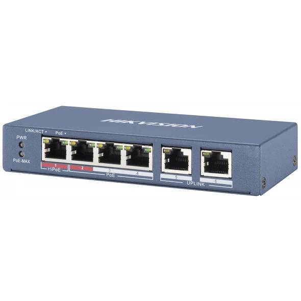 Коммутатор Hikvision DS-3E0106P-E/M, 4xLAN 100Mbps, 2xUplink, PoE
