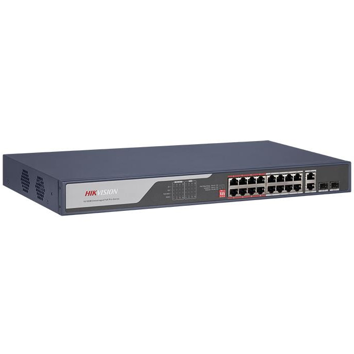 Коммутатор Hikvision DS-3E0318P-E(C), 16xLAN 100Mbps, 2xLAN 1Gbps, PoE