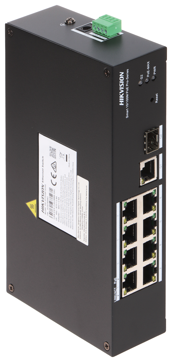 Коммутатор Hikvision DS-3T1310P-SI/HS, 8xLAN 100Mbps, 1xLAN 1Gbps, 1xSFP, PoE+