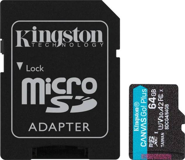 Карта памяти 64Gb Kingston Canvas Go! Plus SDCG4/64GB, SD Micro, SDXC Class 10, UHS-I U3, адаптер