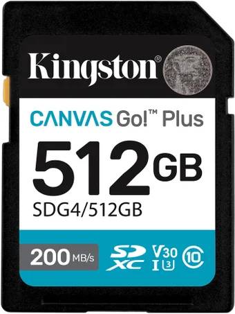 Карта памяти 512Gb Kingston Canvas Go! Plus SDG4/512GB, SD, SDXC Class 10, UHS-I U3
