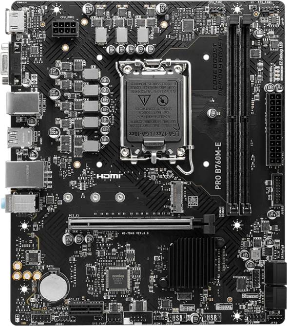 Материнская плата MSI PRO B760M-E, LGA1700, (VGA, HDMI), 2xDDR V, mATX (ТОЛЬКО В СОСТАВЕ ПЭВМ)