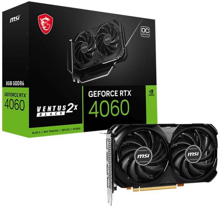 Видеокарта GeForce RTX 4060, 8Gb GDDR6 128bit, MSI RTX 4060 VENTUS 2X BLACK 8G OC, RTL
