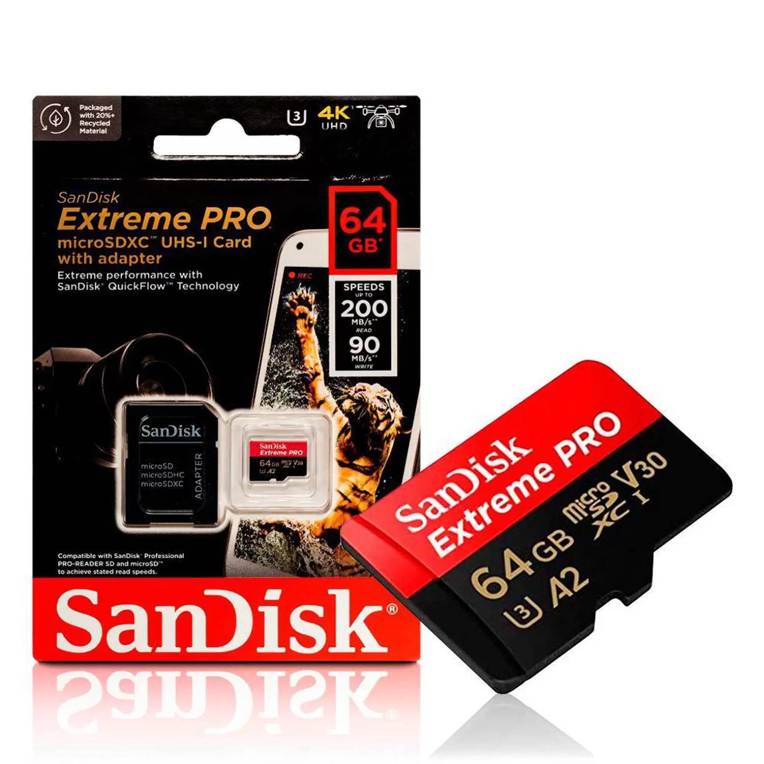Карта памяти 64Gb SanDisk Extreme PRO SDSQXCU-064G-GN6MA, SD Micro, SDXC Class 10, UHS-I U3 + адаптер