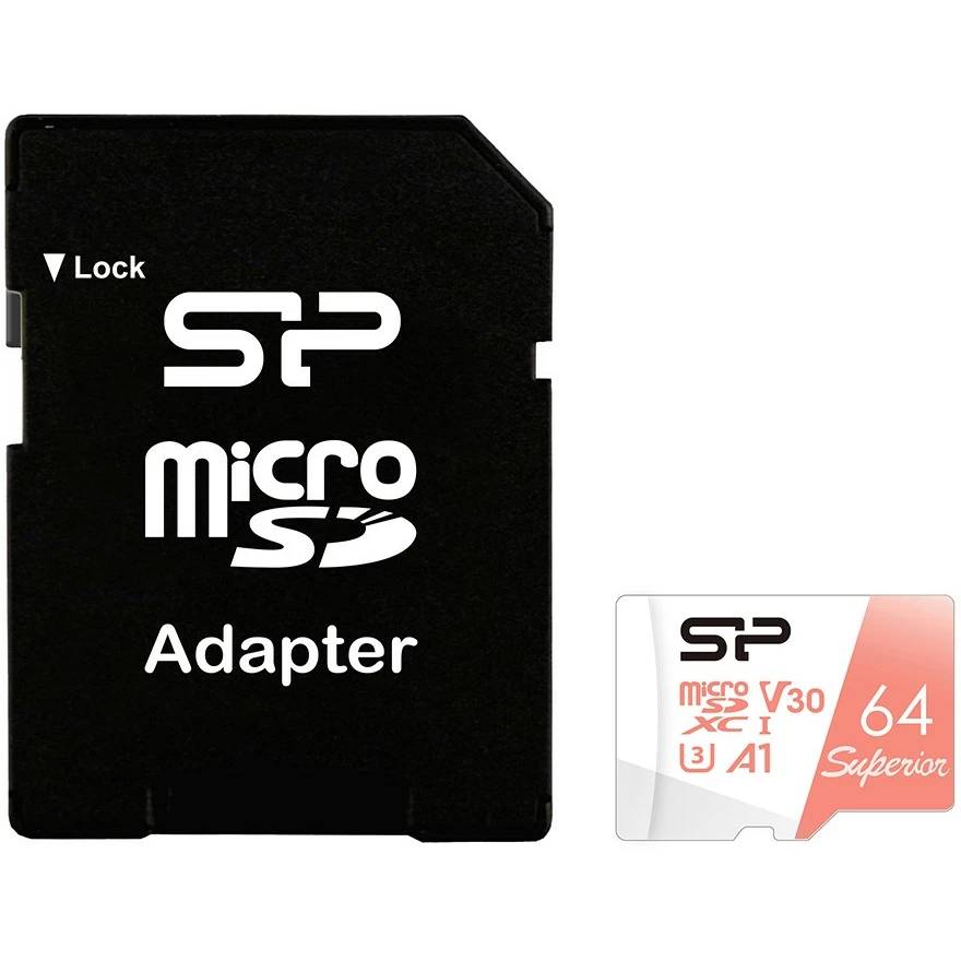 Карта памяти 64Gb Silicon Power Superior SP064GBSTXDV3V20SP, SD Micro, SDXC Class 10, UHS-I U3, адаптер