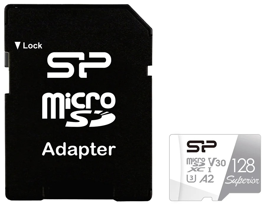 Карта памяти 128Gb Silicon Power Superior SP128GBSTXDA2V20SP, SD Micro, SDXC Class 10, UHS-I U3, адаптер