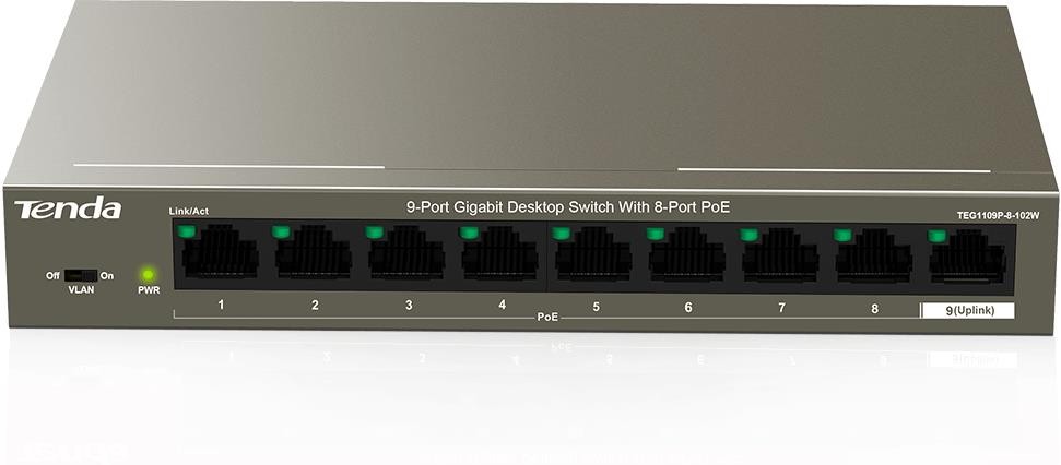 Коммутатор Tenda TEG1109P-8-102W, 9xLAN 1Gbps, PoE