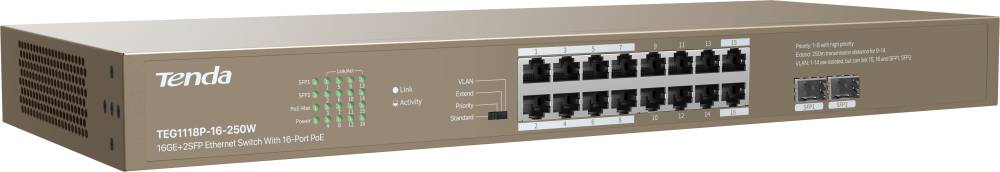 Коммутатор Tenda TEG1118P-16-250W, 16xLAN 1Gbps, 2xSFP, PoE+