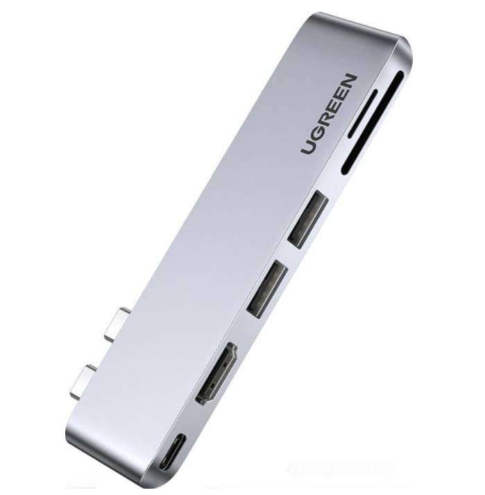 Разветвитель USB Ugreen CM380 80856, USB Type-С - 2xUSB3.0, HDMI, CR, серый