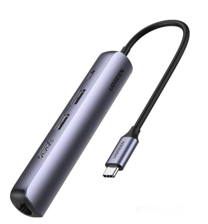 Разветвитель USB Ugreen CM418 10919, USB Type-С - 2xUSB3.0, HDMI, LAN, серый