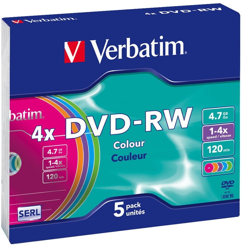 DVD-RW disk 4x/4.7Gb Verbatim Color 5шт Slim case 43563