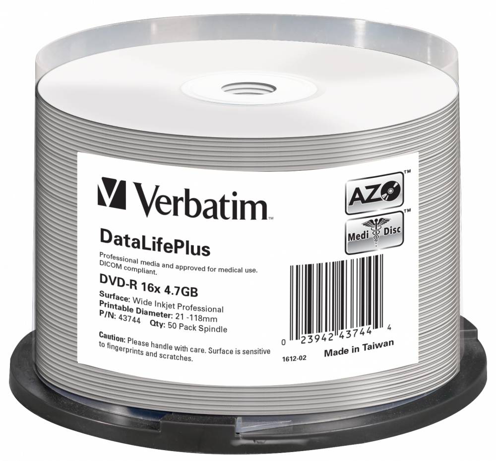 DVD-R disk 16x/4.7Gb Verbatim Wide Inkjet Printable 50шт CakeBox 43744