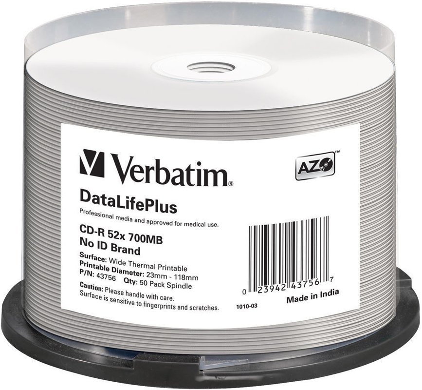 CD-R disk 52x/700Mb Verbatim Printable 50шт Cake Box 43756