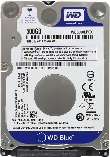 500Gb Western Digital Scorpio Blue, WD5000LPCX, 2.5", SATA II, 5400rpm, 8Mb