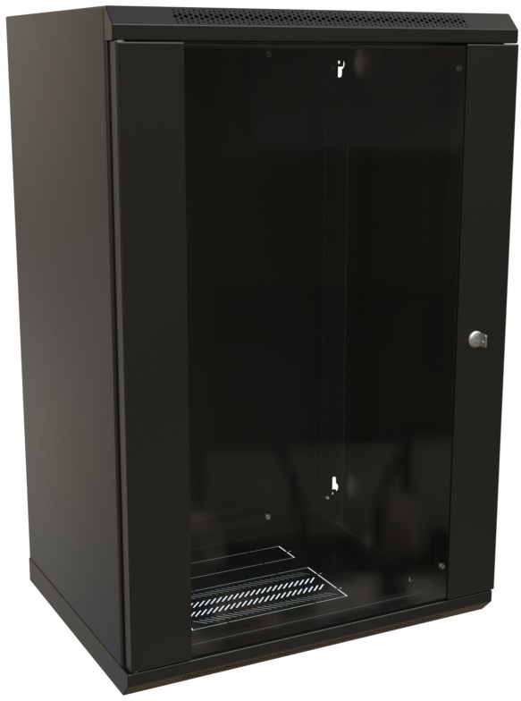 Шкаф коммутационный WRline (WR-TW-1845-SR-RAL9004) настенный 18U 600x450мм пер.дв.металл 2 бок.пан. направл.под винты 60кг черный 370мм 908мм IP20 сталь WR-TW-1845-SR-RAL9004