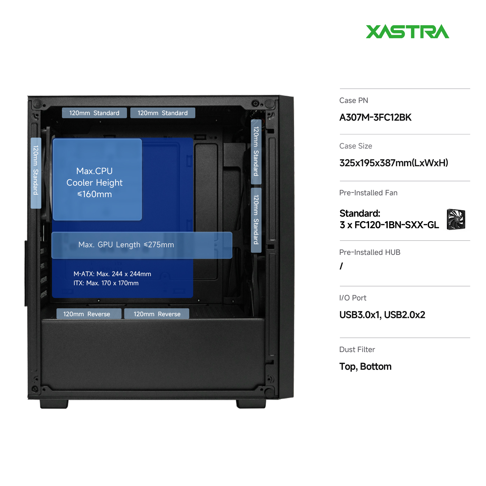 Корпус XASTRA A307M 3BK Black (A307M-3FC12BK), без БП, mATX