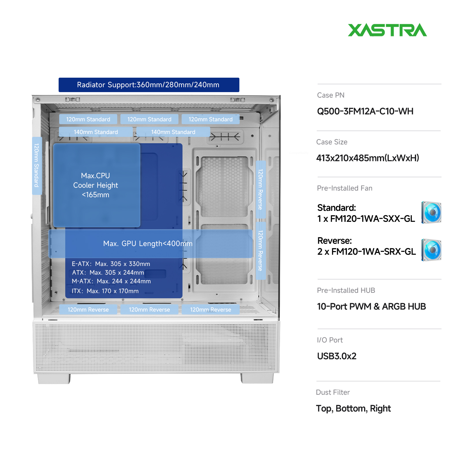 Корпус XASTRA Q500 3ARGB White (Q500-3FM12A-C10-WH), без БП, E-ATX