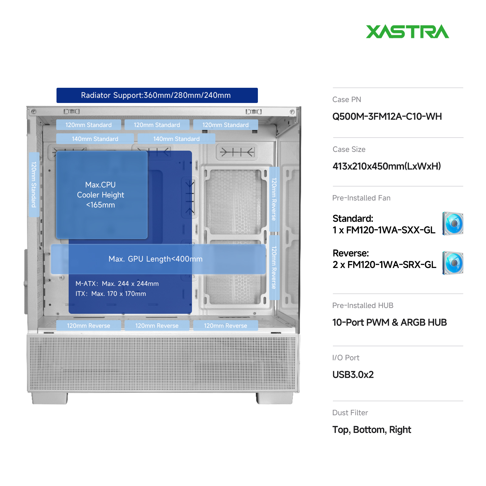 Корпус XASTRA Q500M 3ARGB White (Q500M-3FM12A-C10-WH), без БП, mATX