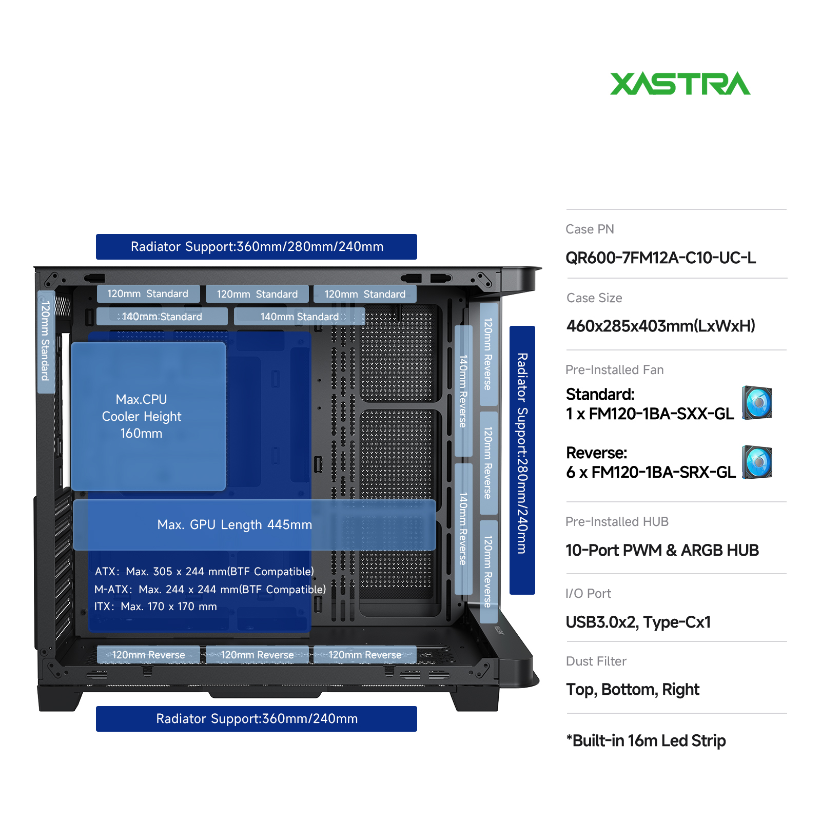 Корпус XASTRA QR600 7ARGB C10-UC Black (QR600-7FM12A-C10-UC-L), без БП, ATX