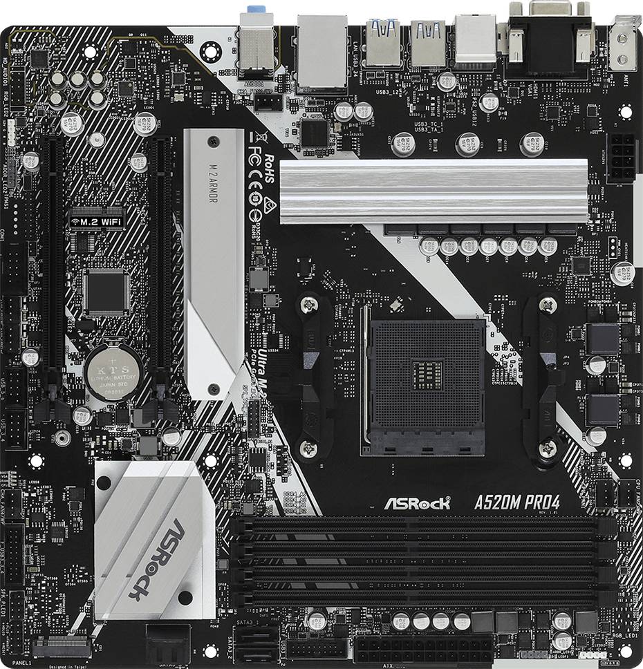 Материнская плата ASRock A520M PRO4, AM4, (VGA, HDMI, DP), 4xDDR IV, mATX