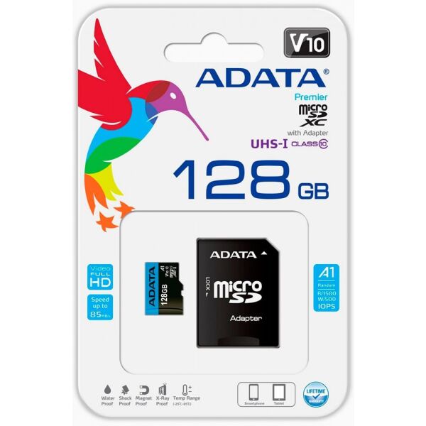 Карта памяти 128Gb AData Premier AUSDX128GUICL10A1-RA1, SD Micro, SDXC Class 10, UHS-I U1, переходник