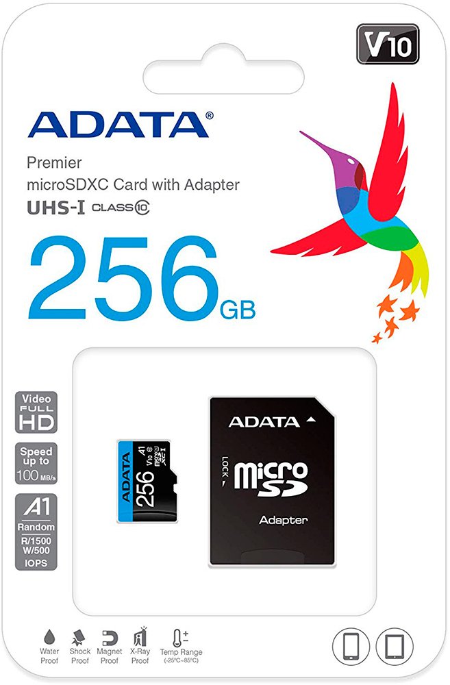 Карта памяти 256Gb AData Premier AUSDX256GUICL10A1-RA1, SD Micro, SDXC Class 10, UHS-I U1, переходник