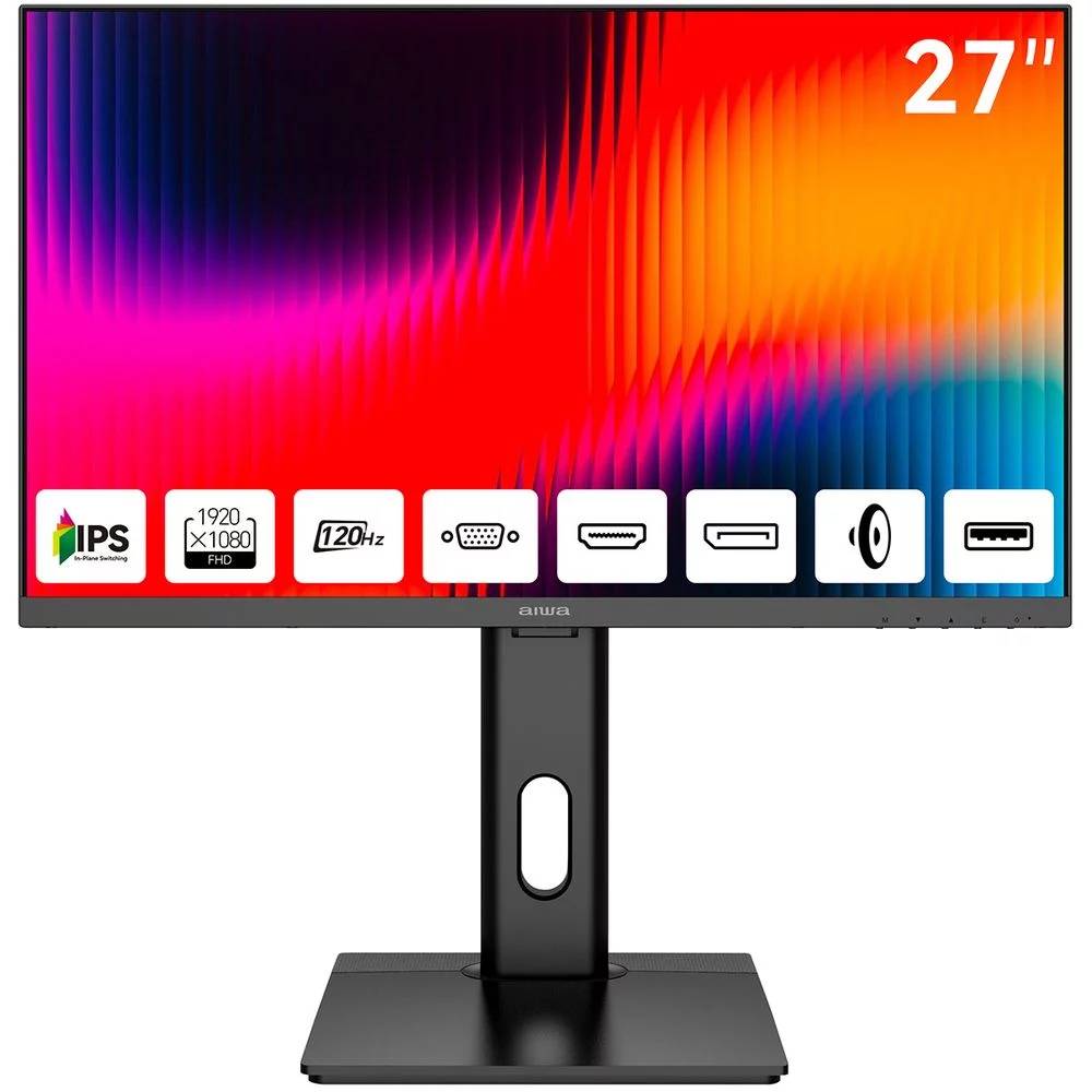 Монитор 27" Aiwa MF2711 Black, 1920x1080, IPS, 120Hz, Speakers (VGA, HDMI, DP)