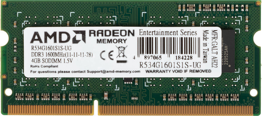 Оперативная память для ноутбука 4Gb AMD Radeon R5 Entertainment R534G1601S1S-UG, SODIMM DDR III, PC-12800, 1600MHz, 1.5V