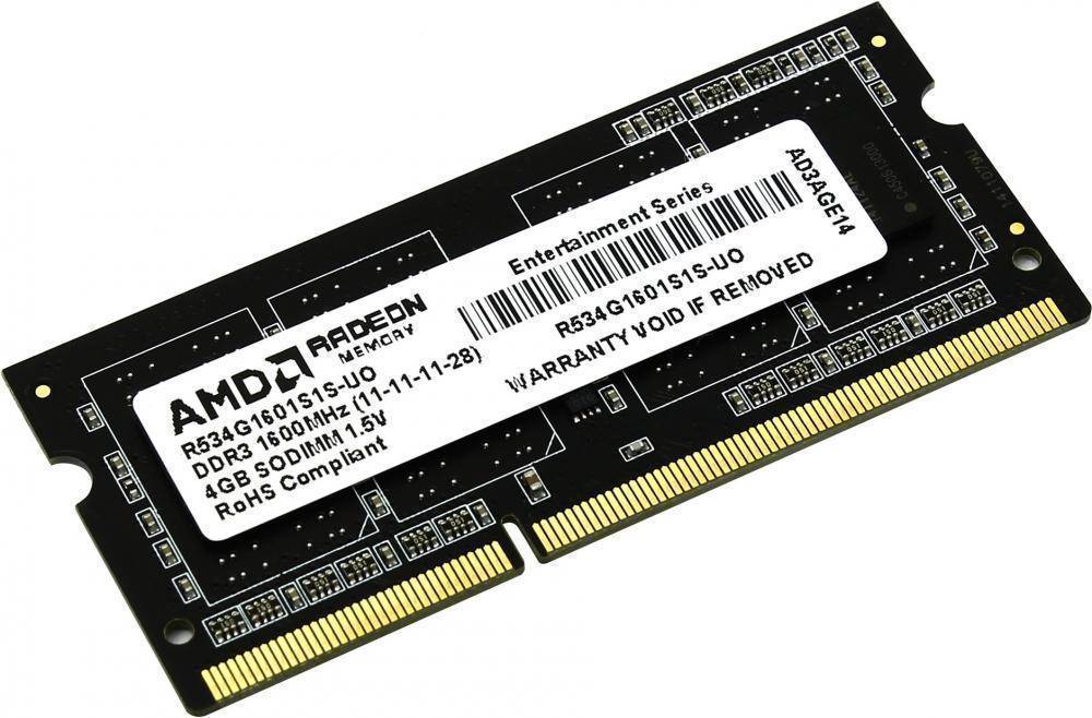 Оперативная память для ноутбука 4Gb AMD Radeon R5 Entertainment R534G1601S1S-UO, SODIMM DDR III, PC-12800, 1600MHz